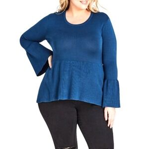 City Chic Sweater Womens Plus 22 3X XL Teal Bell Sleeve Peplum Top Shirt NEW